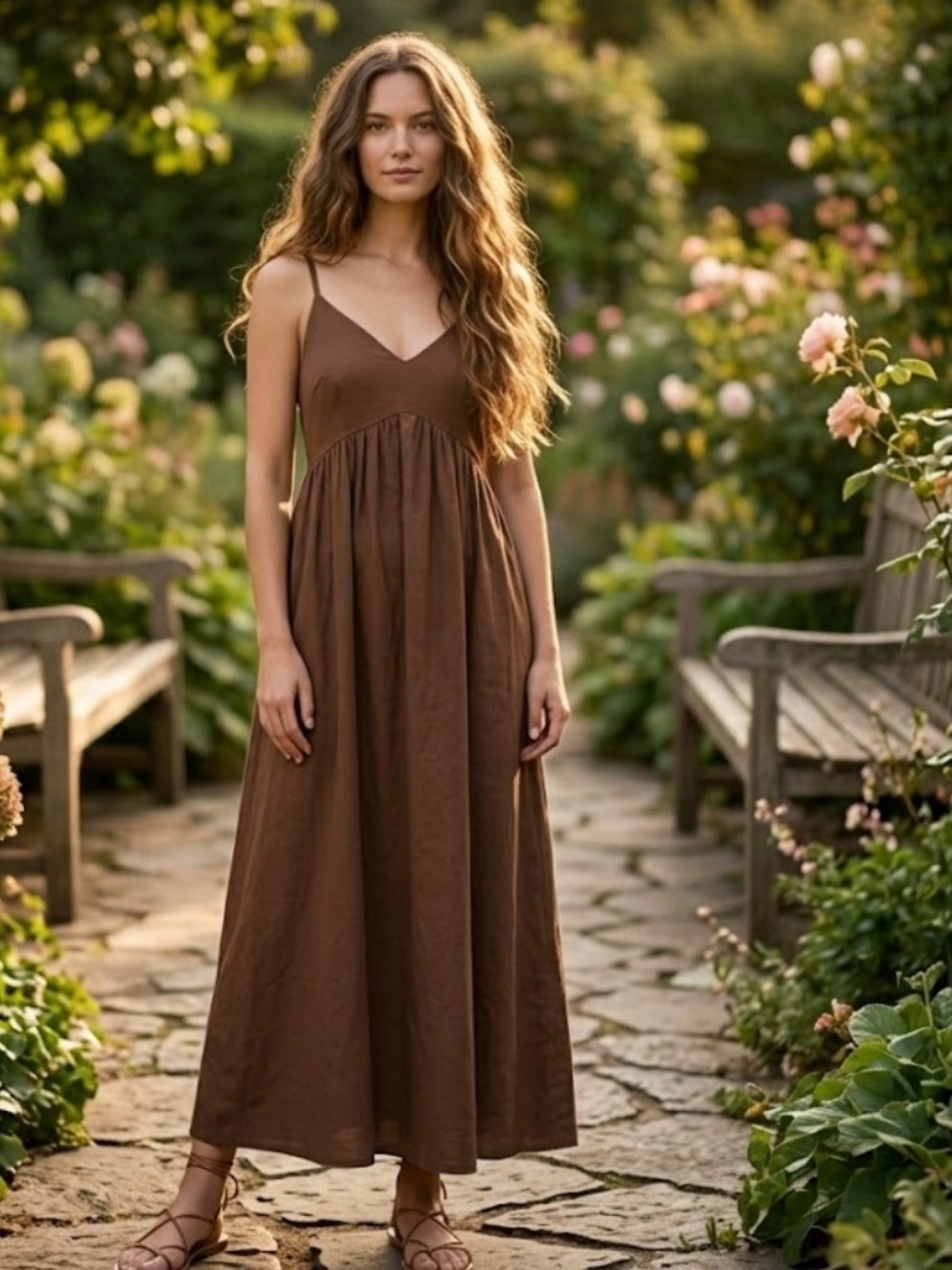 O.P.T. Brown V-Neck Spaghetti Strap Maxi Dress - S